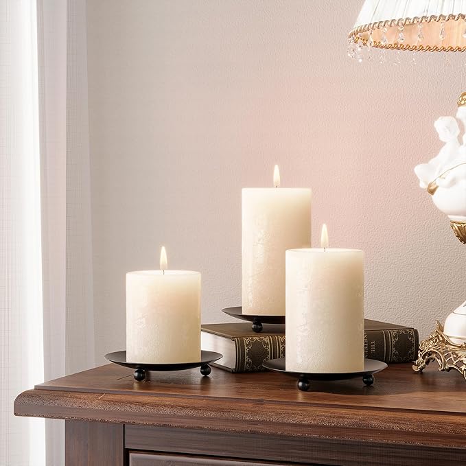 Black Candle Holders for Pillar Candles, Set of 6 Premium Metal Candle Plates Candle Stand for LED or Wax Candles, Decorative Pillar Candle Holder Dish for Table Centerpiece