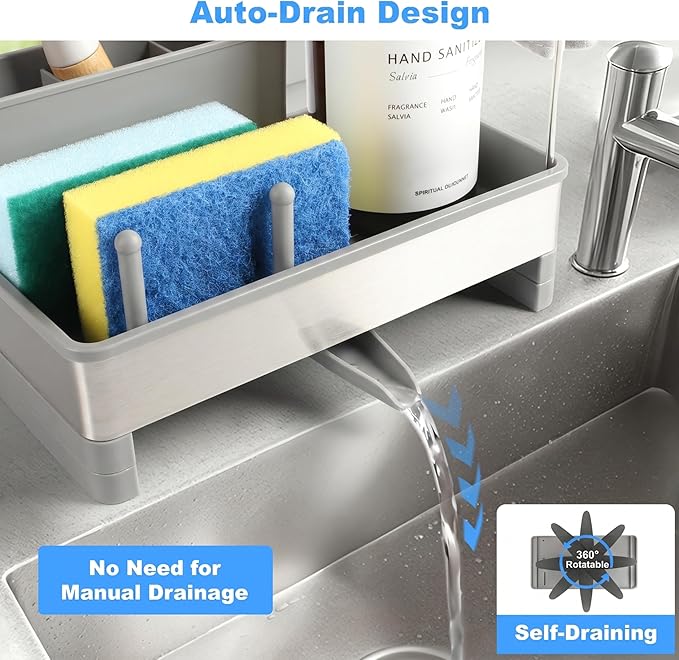 Kitchen Sink Caddy Organizer, Stainless Steel Sponge Holder, Kitchen Caddy Sink Organizer with Dish Brush Holder and Dishcloth Rack, Rustproof Dish Sponge Drying Rack for Countertop Storage