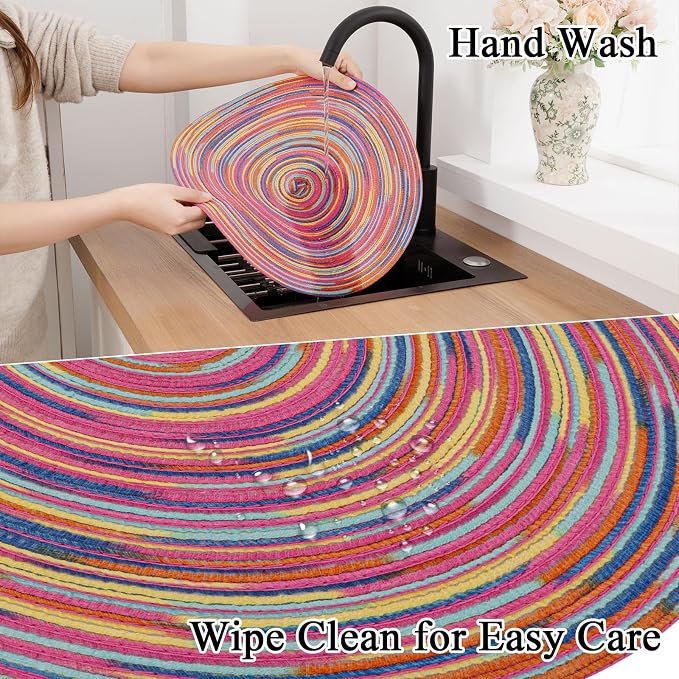 SHACOS 15 inch Round Placemats Set of 6 Variegated Multicolor Place Mats Cotton Polyester Braided Non Slip Washable Heat Resistant Table Mats for Home Wedding Dinner Party Table Decor, Rainbow Pink