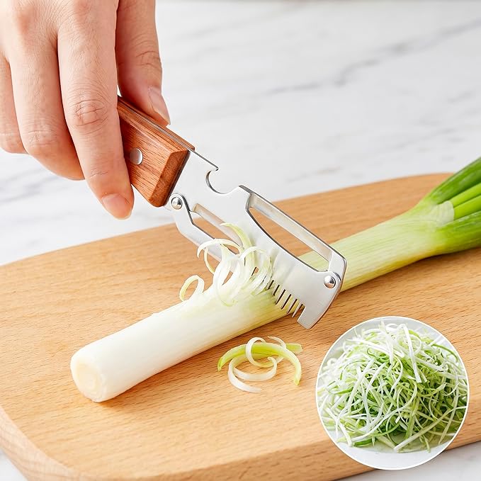 Multifunctional Vegetable Peeler for Kitchen,3 in 1 Stainless Steel Peeler with Wooden Handle and Bottle Opener Fruit Peeler Knife Scallion Shredder,Zero Snag Wooden Kitchen Tool