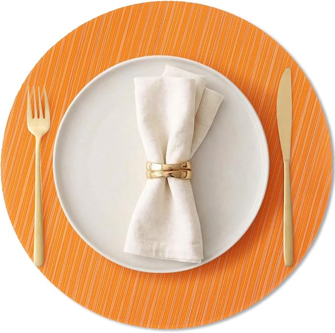 AHHFSMEI Round Placemats Set of 6 Woven Vinyl Non-Slip Heat Resistant Stain Resistant Easy Clean Place mats for Dining Table(Orange)