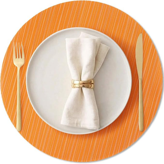 AHHFSMEI Round Placemats Set of 6 Woven Vinyl Non-Slip Heat Resistant Stain Resistant Easy Clean Place mats for Dining Table(Orange)