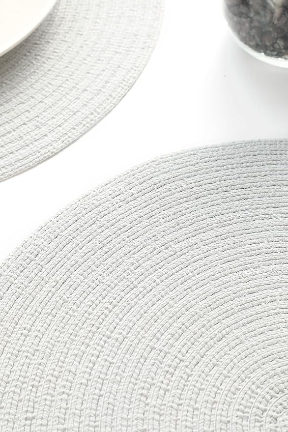 Floroom 15 Inch Round Braided Placemats Set of 4, Washable Heat Resistant Cotton Polyester Circle Place Mats for Kitchen Dining Table - Silver Grey