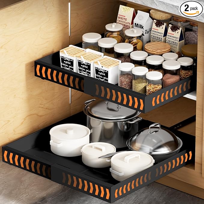 YJHome 2 Pack Pull Out Cabinet Organizer, No Drill Expandable Width 12"-20" & 21" Depth, Adhesive or Screw-In Installation, Magnetic Divider for Custom Storage, for Kitchen Pantry Bathroom Cabinet