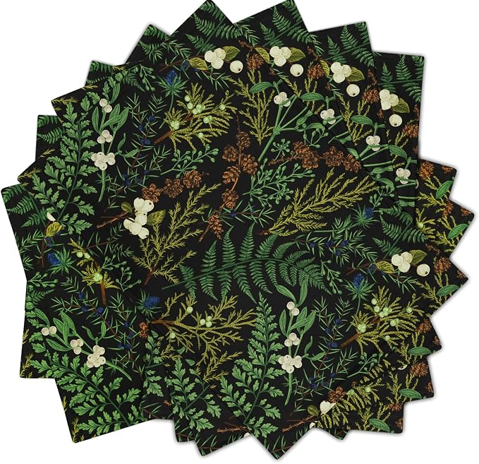 Spring Green Leaves Placemats Set of 6 Botanical Fern Leaf Floral Place Mats Washable Kitchen Dining Summer Black Linen Table Mats Stain Heat-Resistant for Home Party Indoor 12x18 in