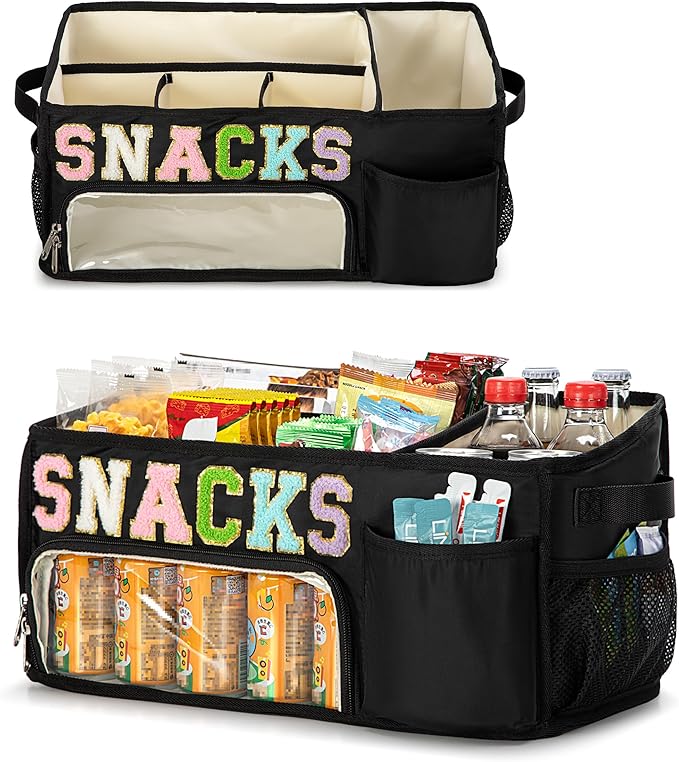 Fasrom Large Snack Organizer for Countertop, Chenille Letter Snack Basket Organizer with 6 Compartments, Pantry Storage Bin with Handles, Food Container Snack Box for Chips, Candy, and Snacks, Black