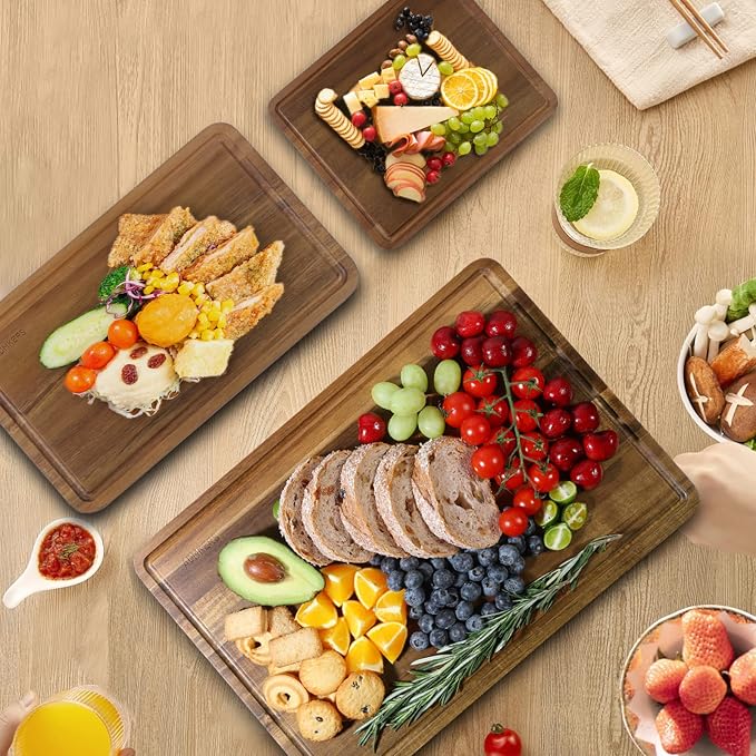 Wood Cutting Boards Set of 3 for Kitchen, Thick Chopping Board, Large Wooden Cutting Board Set with Deep Juice Groove and Handles, Wooden trays for meat, fruit and cheese