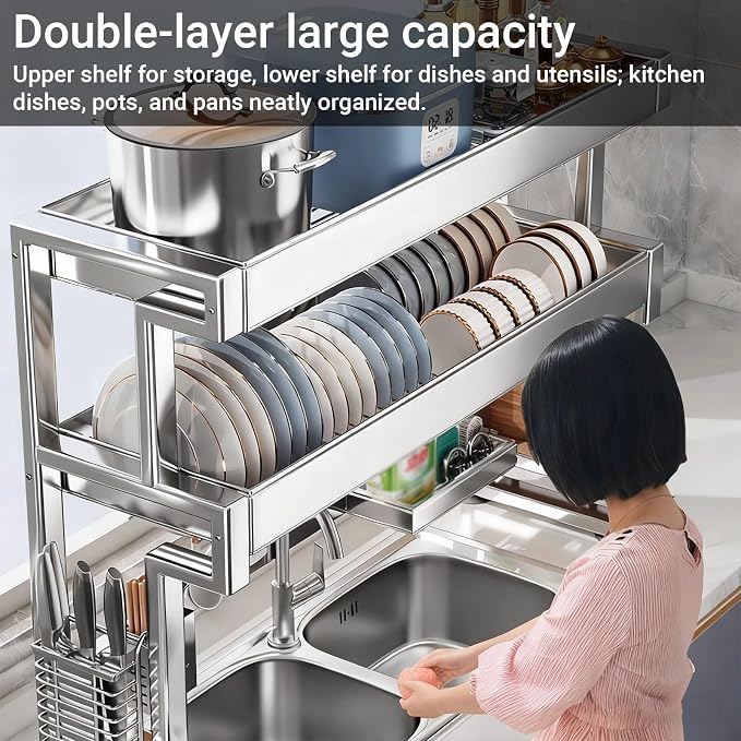 Over The Sink Dish Drying Rack, 304 Stainless Steel 2 Tier Racks, Multifunctional Kitchen Storage Organizers, for Dishes, Glasses, Bowls & Cutlery(76cm/29.9in)