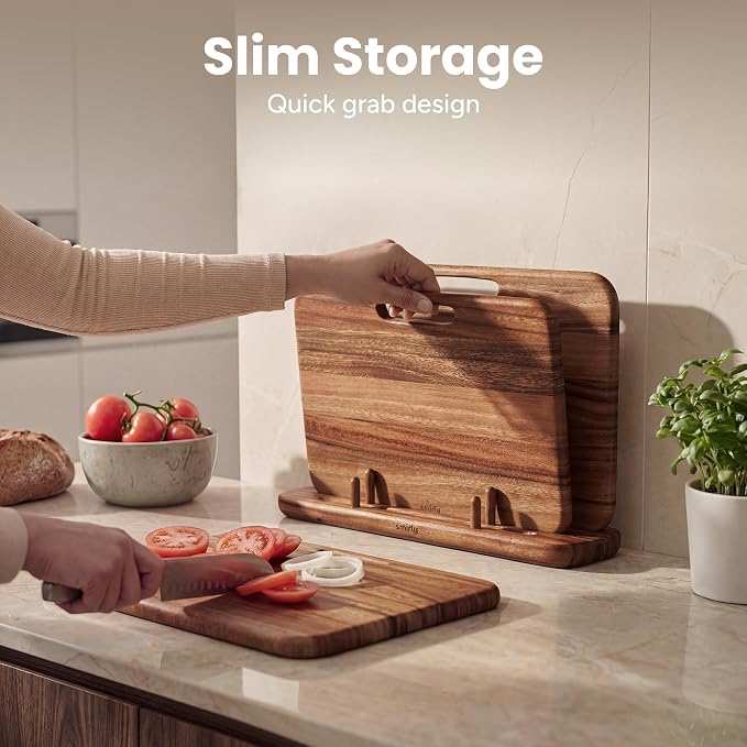 SMIRLY Wooden Cutting Boards for Kitchen, Double-Sided Cutting Board with Handle, Heavy Duty Solid Walnut Wood Cutting Board Set with Stand, 3 Pcs Cutting Boards Non Toxic for Meat Vegetable Fruit