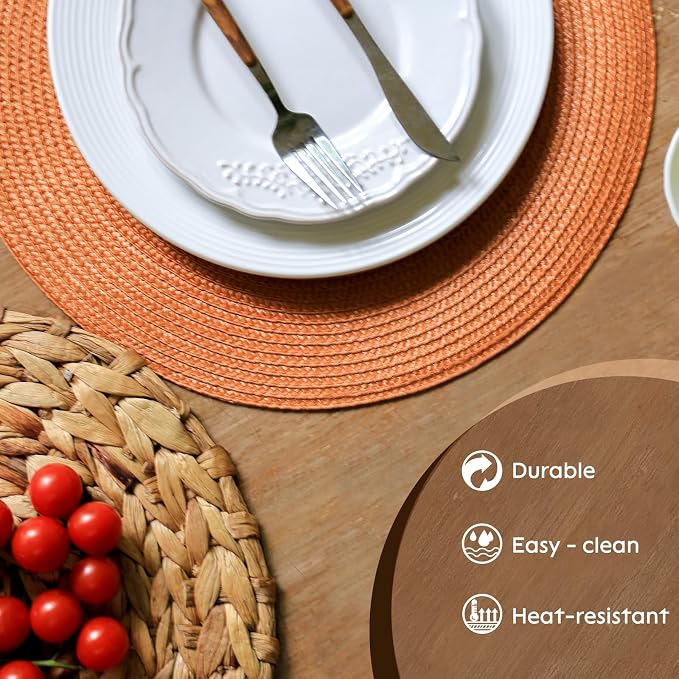FunWheat Round Braided Placemats Set of 6 Place Mats for Dining Tables Woven Washable Non-Slip Table mats Small 13 inch(S Dark Orange, 6pcs)