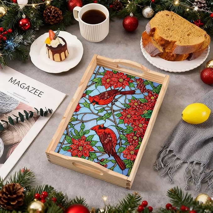 DIY Diamond Art Painting Serving Tray Creative Design Handmade Wooden Rectangular Snack Tray Dinner Plate Drill Craft for Coffee Living Room Home Organizer-Cardinal03