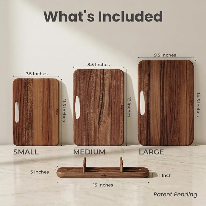 SMIRLY Wooden Cutting Boards for Kitchen, Double-Sided Cutting Board with Handle, Heavy Duty Solid Walnut Wood Cutting Board Set with Stand, 3 Pcs Cutting Boards Non Toxic for Meat Vegetable Fruit