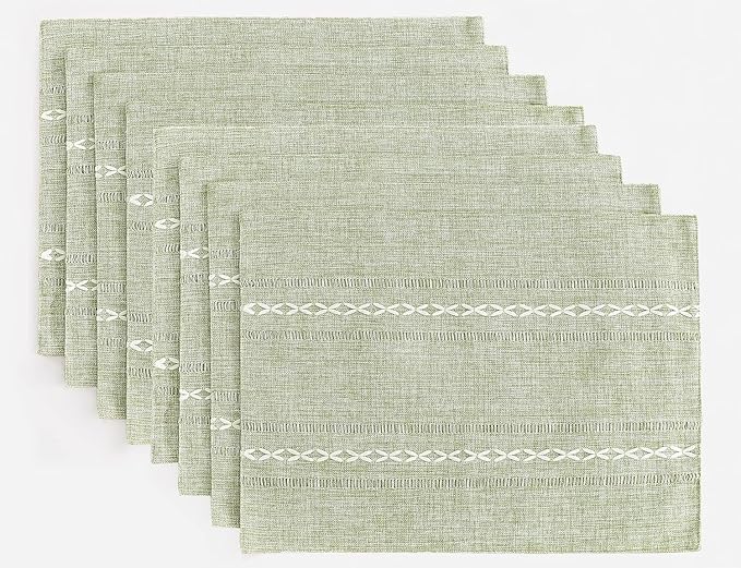 Wracra Cotton Linen Placemats, 12 x 18 Inch Set of 8 Placemats Rustic Hemstitch Place Mats for Kitchen Table and Heat Resistant-Hemstitch Sage Green