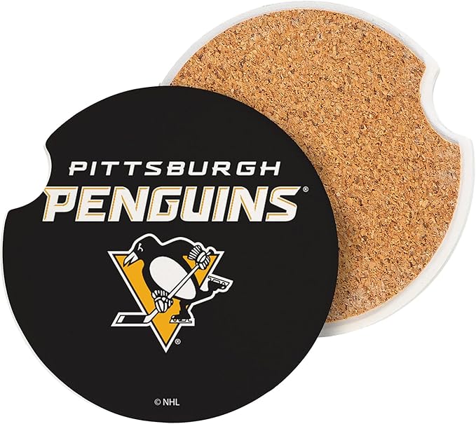 NHL Pittsburgh Penguins Car Coaster Set, 4pcs(2-Pack of 2), Absorbent Ceramic Stone Cup Holder Inserts, Removable Drink Mats for Cars, SUVs, and Trucks, Hockey Auto Accessories