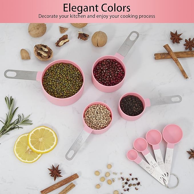 Measuring Cups and Spoons Set of Huygens Kitchen Gadgets 10 Pieces, Stackable Stainless Steel Handle Measuring Cups for Measuring Dry and Liquid Ingredient (Pink)