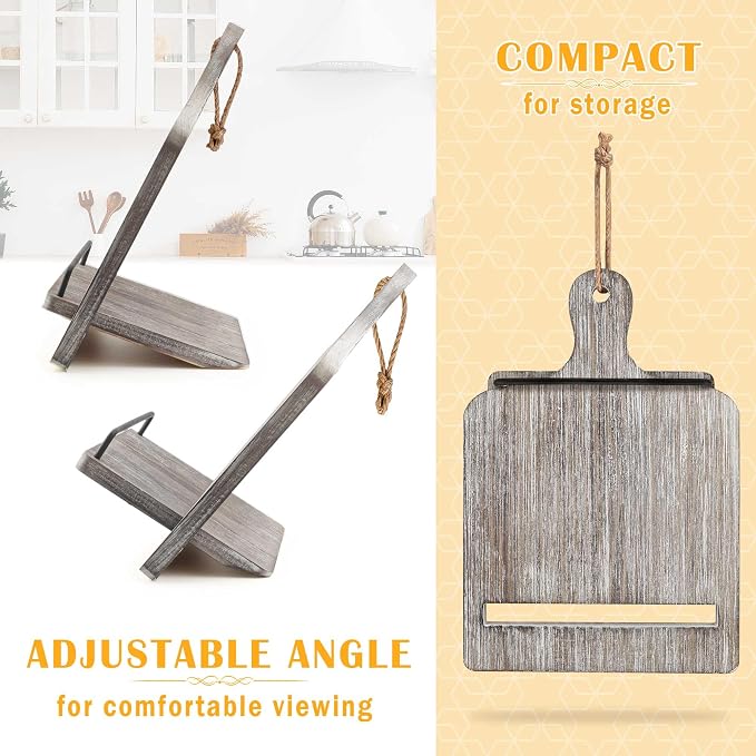 Cookbook Stand Recipe Book Stand: Cook Book Stand for Kitchen Counter, Rustic Cook Book Stand Adjustable Tablet Cookbook Holder, Wood Cutting Board Style Cooking Gift for Woman - Gray