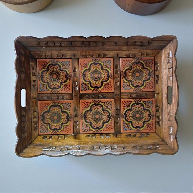 Handcrafted Talavera Tile Serving Tray | Mexican Wooden Tray-D5