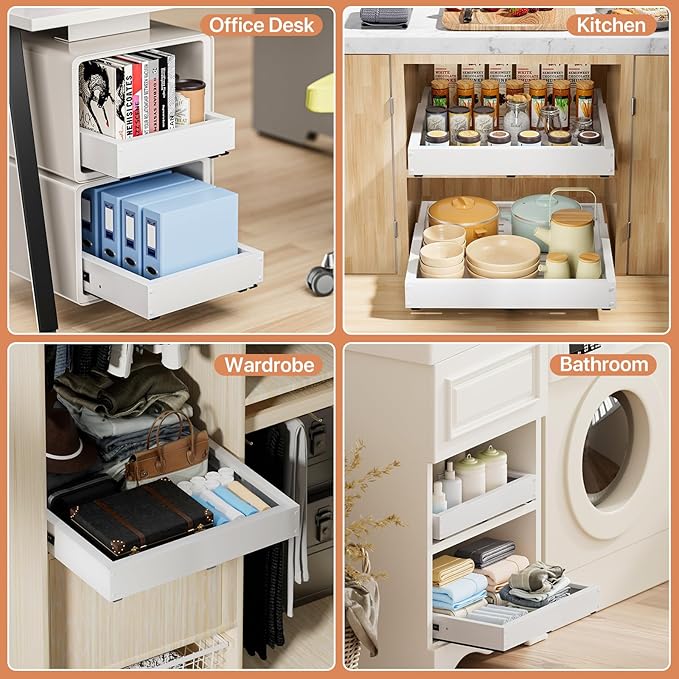 2 Pack Pull out Cabinet Organizer, Width (12"-19") Depth (17"-23"), with 3 Rails Adjustable Slide, Expandable Pullout Drawers for Cabinets, No Drill Adhesive Kitchen Drawers for Pantry Shelves