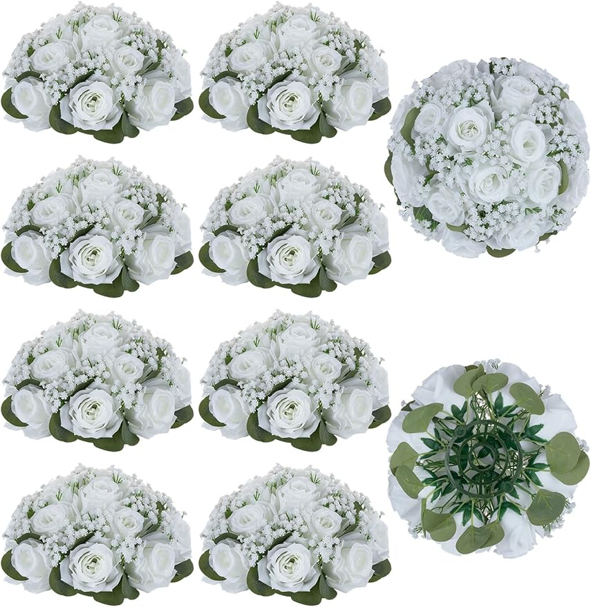 BLOSMON White Flowers for Centerpieces Wedding: 10 Pcs Artificial Rose Babys Breath Flower Balls for Table Decoration - Fake Silk Kissing Floral Arrangement for Home Party Event Decor