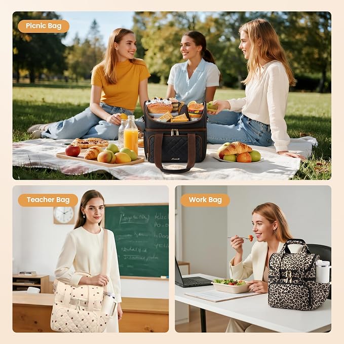 LOVEVOOK Insulated Lunch Bag for Women,Large Double Deck Adult Lunch Box,Teacher Lunch Tote Bag with Cup Holder,Leakproof Cooler Bag with Adjustable Shoulder Strap for Work Picnic Beach,Larger 15L