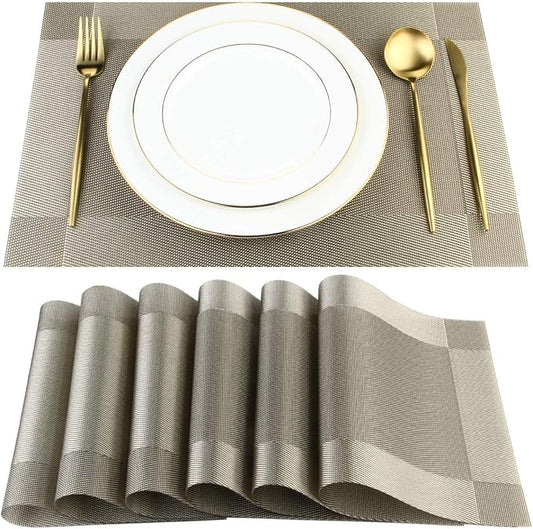 DACHUI Placemats, Heat-Resistant Placemats Stain Resistant Anti-Skid Washable PVC Table Mats Woven Vinyl (6pcs, Coffee-Cross)