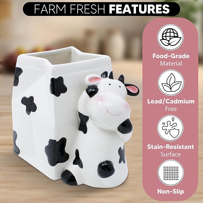 Utensil Holder | Cow Gifts For Women | Cow Stuff Print Kitchen Crock Storage | Accessories Decoration | Cute Gifts For Women | La Vaca Animal Cow Decor | Countertop Cow Stuff Vase
