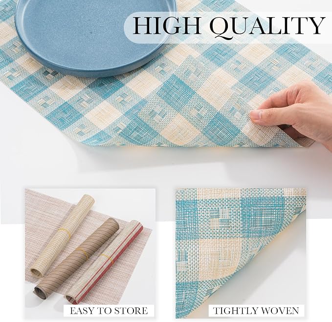BACKTOEDEN Placemats Set of 6 Heat Resistant Washable Wipeable Placemat Woven Non-Slip Foldable Vinyl/Plastic Place Mats Indoor/Outdoor Mat Kitchen Dining Table Pad, Blue Checkered