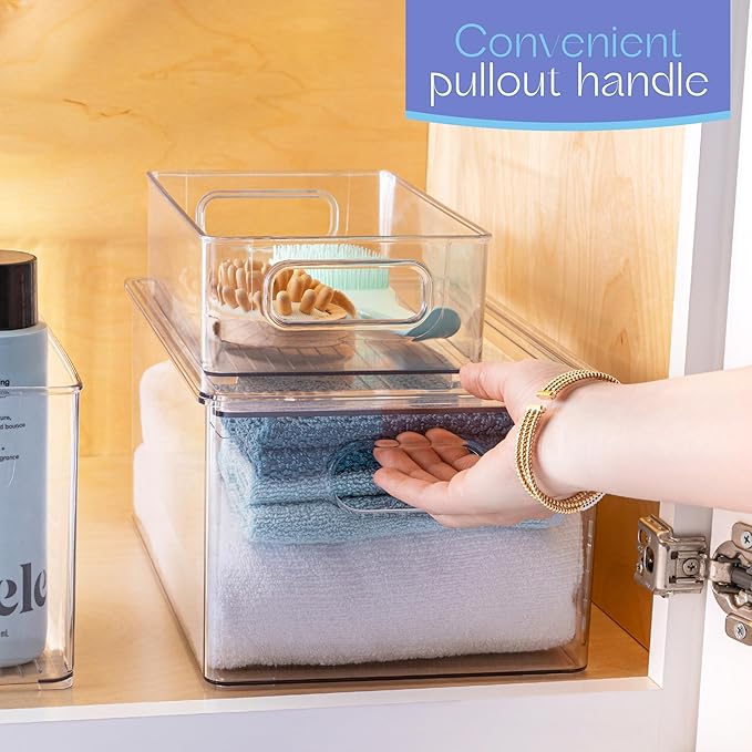 primebox Plastic Clear Stackable Storage Bins with Lids. Great for Pantry or Kitchen Organization. Fridge Organization Containers. Cabinet, Bathroom Organizer. 2 Pack