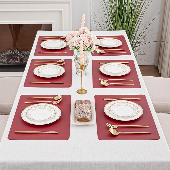 SHACOS Placemats Set of 6 Faux Leather Waterproof Leakproof Wipeable PU Non-Slip Vinyl Place Mats Heat Resistant Table Mats for Kitchen Dining Table Indoor Outdoor, Red
