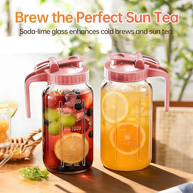 64oz Glass Pitcher with Lid & Spout – 2 Quart Mason Jars, Airtight & Leakproof Breastmilk Pitcher for Cold Brew Coffee, Sun Tea, Water, Juice – Wide Mouth, Fridge Safe