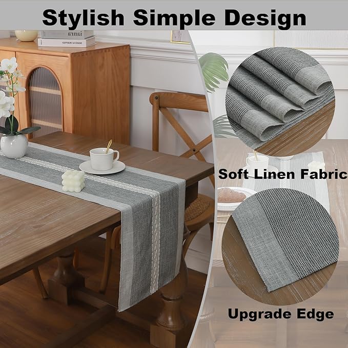 Gernaice Boho Table Runner, Rustic Cotton Linen Farmhouse Table Runners for Dresser End Coffee Table Home Decor, 24" L X 13" W Grey