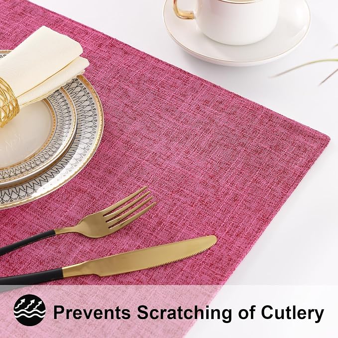 homing Faux Cotton Linen Placemats Set of 6, Cloth Washable Farmhouse Dining Table Mats for Indoors & Outdoors, Easy to Clean, Hot Pink, 13 x 19 Inch