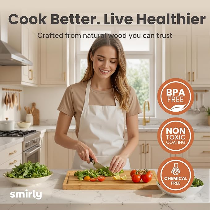 SMIRLY Bamboo Cutting Boards for Kitchen - Wood Cutting Board with Handle and Juice Groove - Wooden Chopping Board Set of 3 with Holder