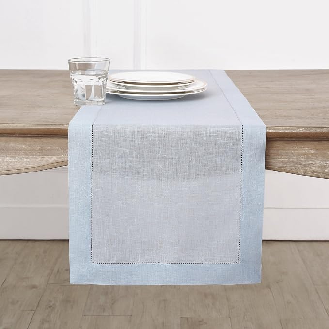 Solino Home Linen Light Blue Table Runner 90 Inches Long - 100% Pure Linen Hemstitch 14 x 90 Inch Table Runner for Dining, Summer - Classic Hemstitch