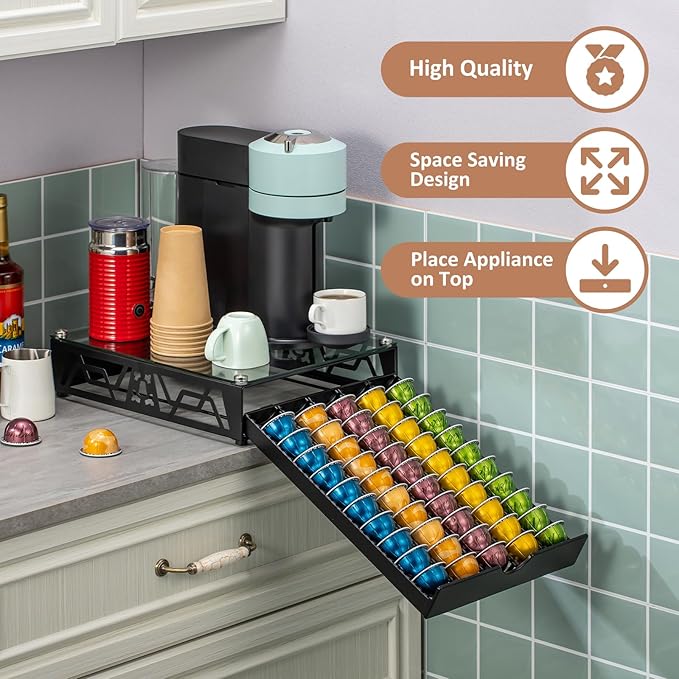 Nespresso Pod Holder Pod Drawer With Glass For Cabinet Vertuoline Pod Storage Rack For Counter，Black(50 Pods)