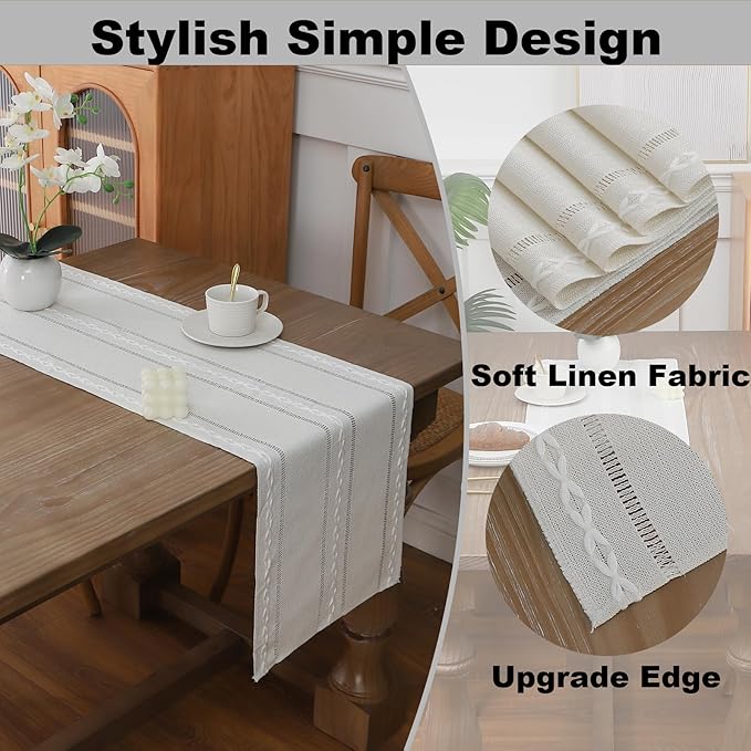 Gernaice Boho Table Runner, Rustic Cotton Linen Farmhouse Table Runners for Dresser End Coffee Table Home Decor, 36" L X 13" W Ivory
