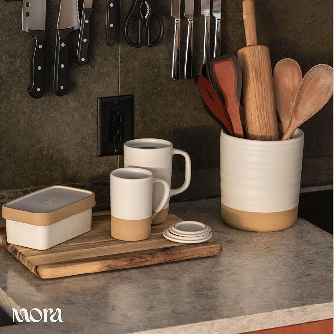 Mora Ceramic Kitchen Utensil Holder - Wooden Spoon & Spatula Crock for Countertop, Modern Farmhouse Home Decor, Extra Large 7.3" Cooking Organizer for Stove Top and Counter - Heavy & Sturdy - Oat