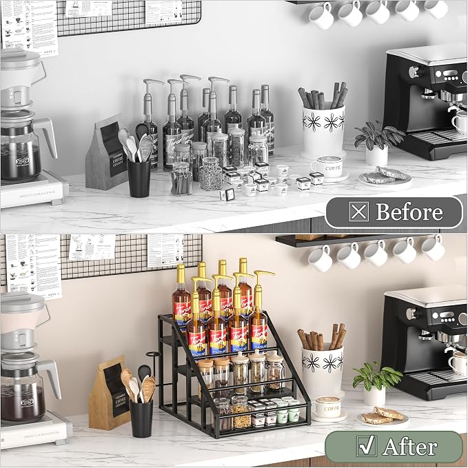 Coffee Syrup Rack Organizer, Spice Racks, Syrup Bottle Holder Stand for Coffee Bar, 4-Tier 16 Bottles Storage Shelves for Syrup, Wine, Dressing for Kitchen Countertop,Black