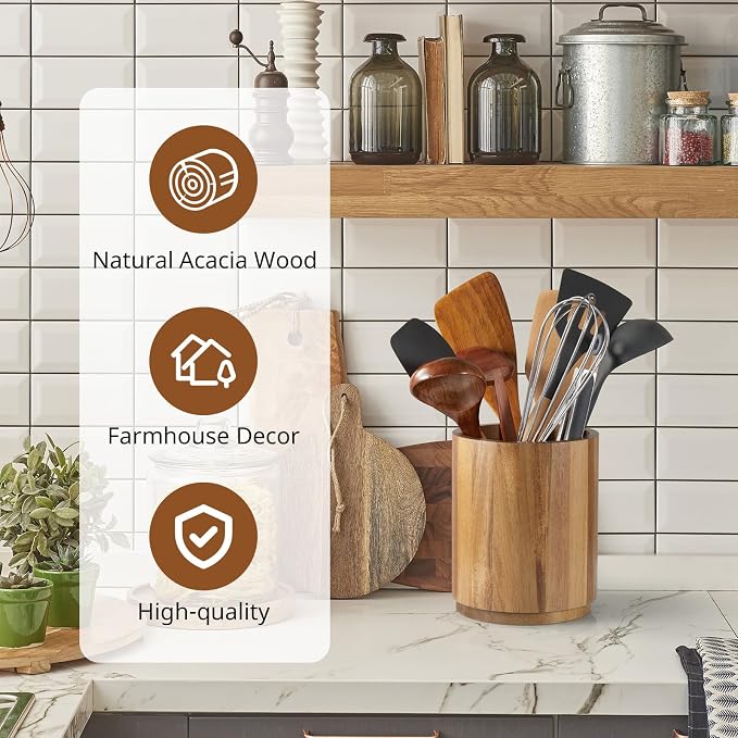 Bivvclaz Acacia Wood Utensil Holder, 360°Rotating 7.2" Utensil Holder for Kitchen Counter, Large Kitchen Utensil Holder, Cooking Utensil Crock for Countertop, Farmhouse Kitchen Decor and Accessories