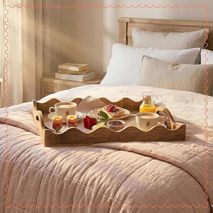 Mela Artisans 14” x 10” x 2.5” Mango Wood Serving Tray with Handles – Ottoman Scallop White Burnt – Medium Handcrafted Wooden Serving Board for Breakfast, Coffee & Home Décor