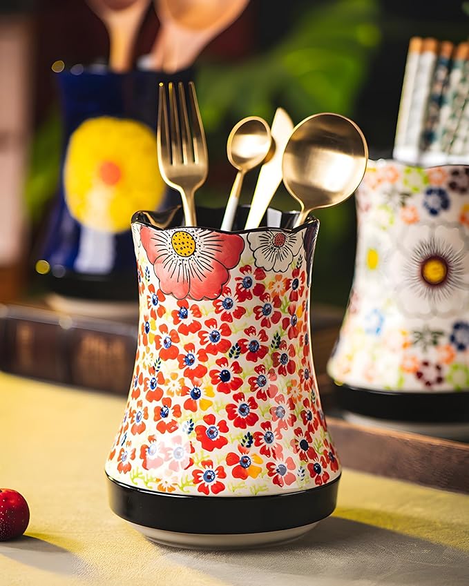 Utensil Holder for Kitchen Counter, Large Ceramic Utensil Holder Crock with Drain Tray, Hand-Painted Floral Rustic Farmhouse Kitchen Crock, Perfect for Women, Christmas, Hostess Gifts & Fall Decor