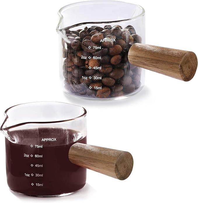 VRUIFA 2 Pack Measuring Cups, Espresso Shot Glass with Wood Handle, Clear Glass with Dual Scale, Espresso Accessories with Double Spouts, 2.5 OZ /75 ML