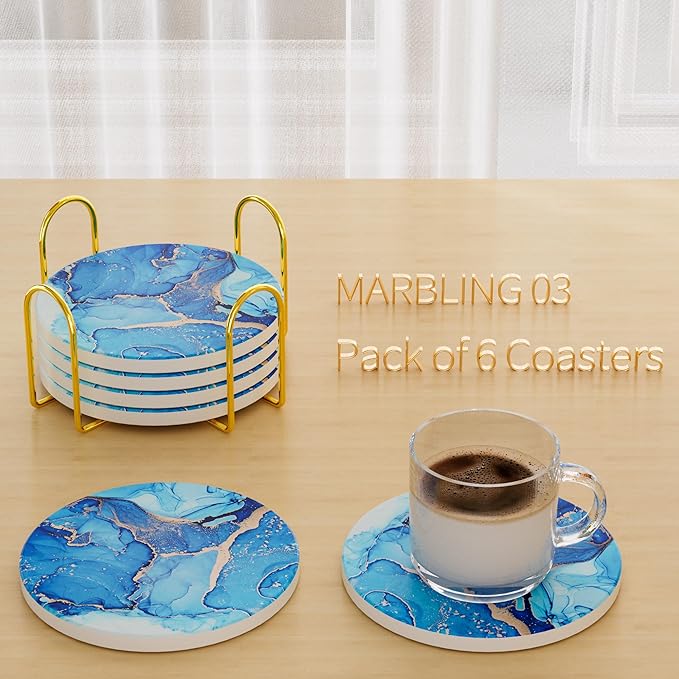 6Pcs/Set Marble Abstract Ceramic Coasters with Holder, Absorbent Drink Coasters, Coffee Cup Coaster,Round Ceramic Table Coasters Set Decorative