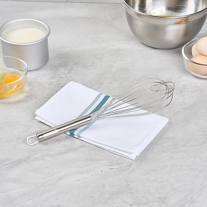 Restaurantware 12 in Stainless Steel Wire Whisk - German Standard Kitchen Balloon Whisk with Ergonomic Handle, Dishwasher Safe - Durable French Whisk for Cooking, Mixing Thick Batter and Sauce