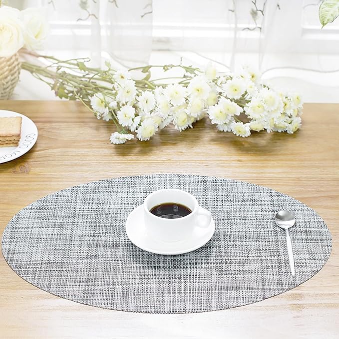 Round Placemats Set of 6 Woven Table Mats Washable Non-Slip Place Mats 13.8 Inch for Christmas Decoration Home Wedding Party,Silver Gray