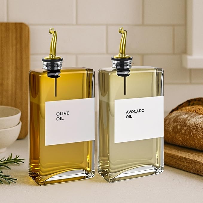 Spaceneat Olive Oil Dispenser Bottle - Includes 44 Kitchen Essential Labels - Cooking Oil Bottles for Kitchen, Coffee Syrup Dispenser - Pourer Spout with 11.8 fl oz Glass Container Cruet - 2pcs, Gold