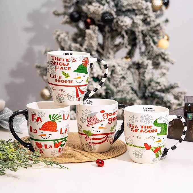 Topadorn 18 oz Christmas Mugs Set of 4, Ceramic Coffee Cups with Snowman & Christmas Hat Design - Gift for Family and Friends, Ideal for Holiday Party, Hot Chocolate, Tea