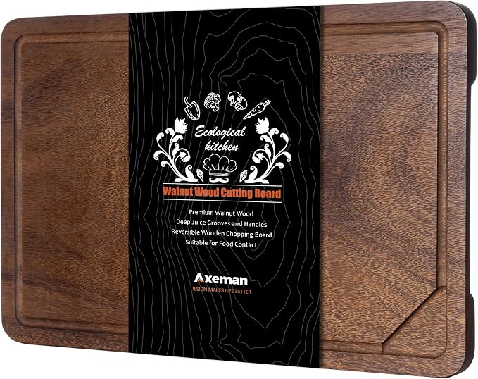Axeman Walnut Wood Cutting Board with Juice Groove for Kitchen Countertop, Tick American Black-Walnut Wooden Chopping Board Charcuterie Board Butcher Block for Meat Vegetables, 17x11 inch