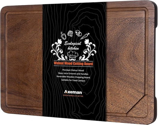 Axeman Walnut Wood Cutting Board with Juice Groove for Kitchen Countertop, Tick American Black-Walnut Wooden Chopping Board Charcuterie Board Butcher Block for Meat Vegetables, 17x11 inch