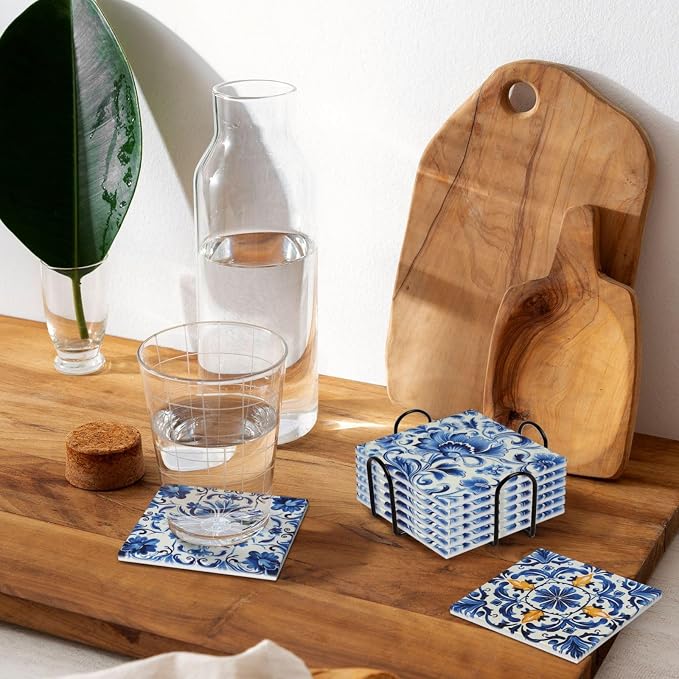 Coasters Set of 6, Coasters for Drinks Absorbent Stone with Holder, Blue and White Flower Ceramic Drink Coaster for Tabletop Protection, Coffee Table Decor Ideal for Home Decor House Warming Gifts